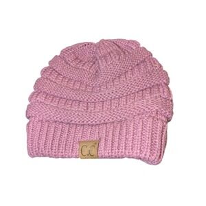 CC Beanie Women Pink Ribbed Cable Knit Winter Hat Faux Leather Logo Patch